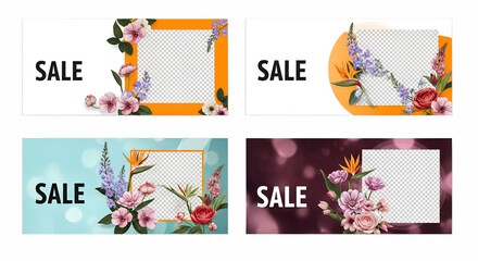 Naklejka premium Colorful floral sale banners featuring various flowers and vibrant backgrounds designed to attract attention for promotional events in retail spaces bright, cheerful, background, graphics, spring, se