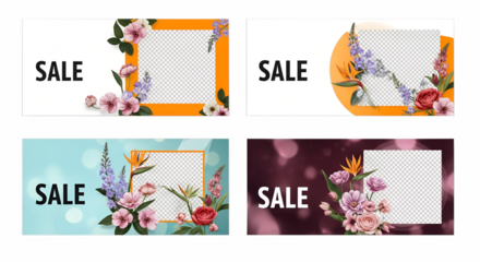 Colorful floral sale banners featuring various flowers and vibrant backgrounds designed to attract attention for promotional events in retail spaces  bright, cheerful, background, graphics, spring, se