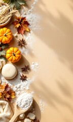 Overhead shot of pumpkins, dough, flour, and autumn leaves creating a cozy autumn baking scene with warm, earthy tones