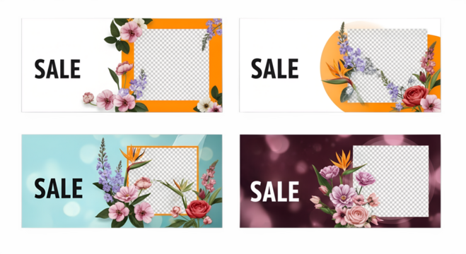 Colorful floral sale banners featuring various flowers and vibrant backgrounds designed to attract attention for promotional events in retail spaces  bright, cheerful, background, graphics, spring, se