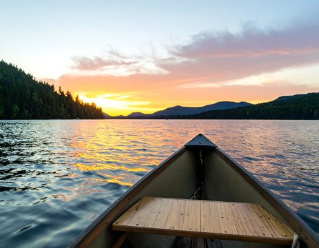 Canoe on serene lake at sunset