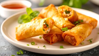 Golden-brown spring rolls, stacked on a plate, with visible fillings