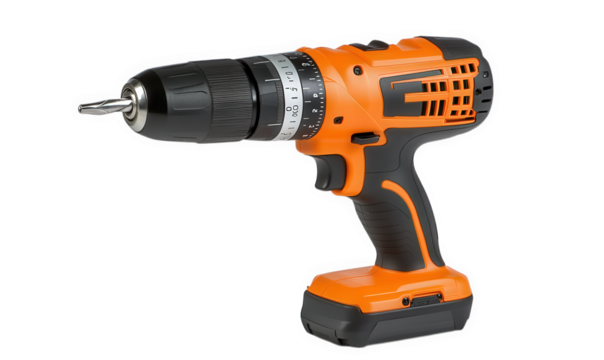 Orange and black cordless drill isolated on transparent background, a powerful tool