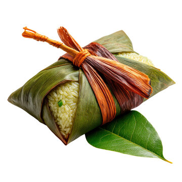 Sticky rice wrapped in leaf tied with natural string is popular chinese dish enjoyed for its unique flavor and texture