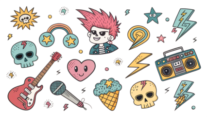 Colorful rock and roll themed illustrations featuring music elements, punk icons, and playful designs for creative projects or decoration