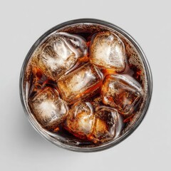 Top-down view of a glass of soda with ice
