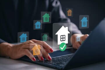 Businesswoman using laptop with digital house icons, representing online real estate, property search, smart technology, home buying, digital housing market, and modern real estate solutions.