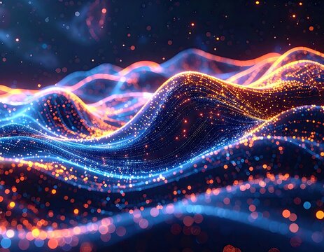 Glowing Binary Data Stream Flowing Through Futuristic Holographic Interface