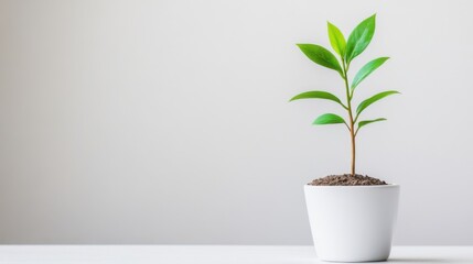 Green Plant Growing in White Pot on Minimalist Table Against Neutral Background