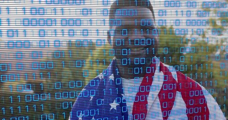 Technology binary streaming across screen revealing man wrapped American flag symbolizing unity - Powered by Adobe