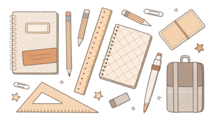 Stationery and school supplies arranged on a table ready for a new academic year with notebooks, pencils, and a backpack for students preparing to learn cliparts