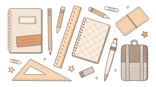 Stationery and school supplies arranged on a table ready for a new academic year with notebooks, pencils, and a backpack for students preparing to learn cliparts