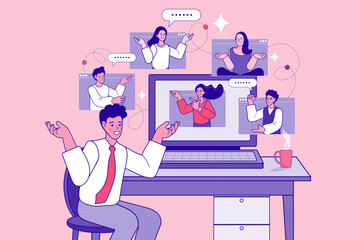 A business team in a virtual meeting using a video conference call. A man at a desk communicates with a remote workforce online. Vector illustration for remote work, collaboration, and webinar.