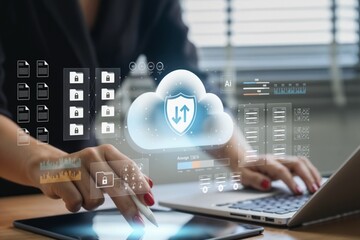 Businesswoman using tablet with cloud computing interface showing secure data storage, file transfer, and digital protection, representing cybersecurity, cloud technology, and modern IT solutions.