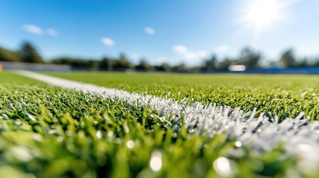 Green Field Perspective: A close-up view of vibrant green turf and a bright white line, under a clear sky and bright sun, creates a striking image of an outdoor stadium or recreational field.