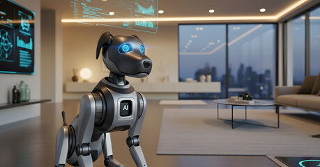 Futuristic Robotic Dog Companion in Modern Living Room