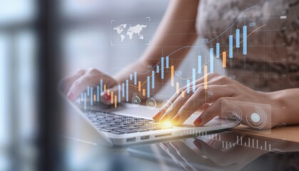 Businesswoman typing on laptop with digital financial chart overlay, representing data analysis, stock market trends, economic growth, investment, business strategy, and modern technology.