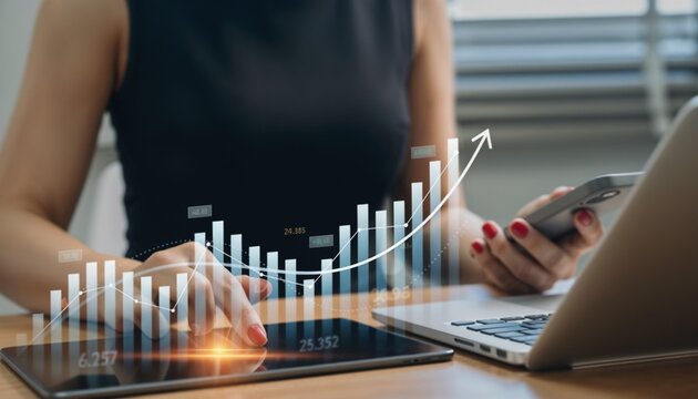 Businesswoman using smartphone and tablet with digital growth chart and rising bar graph, symbolizing business success, financial growth, analytics, and modern technology in business strategy.