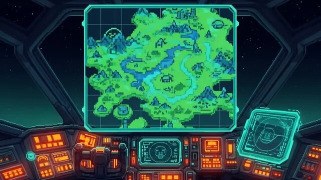 Futuristic spaceship cockpit with holographic island map and neon control panels.