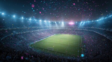 Vibrant Stadium Crowd Scene with Confetti Rain, Energetic Sporting Event Ambiance and Illuminated Field