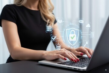 Businesswoman using laptop with digital padlock and security icons overlay, symbolizing cybersecurity, data protection, online privacy, secure connection, and modern information technology.
