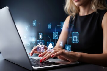 Businesswoman working on laptop with digital cloud and technology icons overlay, symbolizing cloud computing, AI, data management, digital transformation, and modern information technology.