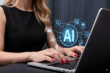 Businesswoman working on laptop with digital AI icon and futuristic interface, symbolizing artificial intelligence, machine learning, innovation, and modern business technology solutions.