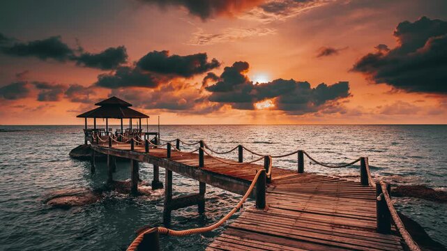 Tropical beach with scenery wooden bridge above ocean. Summer vacation in tropical paradise concept 4K Vertical video