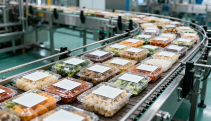 Food Processing: Prepackaged Meals on Automated Conveyor Belt for Mass Production and Distribution in Modern Factory