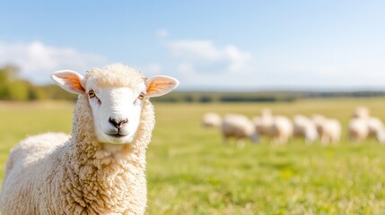 Fototapeta premium Sheep Stare in the Field: A close-up captures the gentle gaze of a lamb against a backdrop of a sunny meadow and clear skies, embodying tranquility and the idyllic charm of rural life.