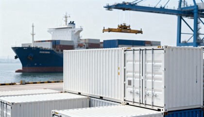 Shipping Containers Ready for Global Exportation at a Busy Commercial Dockyard with Cargo Ship