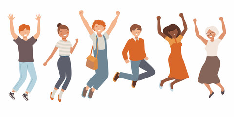 Diverse group of happy people jumping in the air celebrating success and freedom