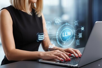 Businesswoman using laptop with LLM digital interface and futuristic AI icons, symbolizing large language models, artificial intelligence, machine learning, and modern business technology.