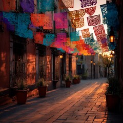 Vibrant Street with Papel Picado Banners in Warm Sunset Light, Traditional Town Alley