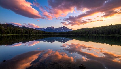 A serene lake reflects a breathtaking sunset sky, with clouds mirroring perfectly in the tranquil water, a majestic mountain range beyond the forest line.