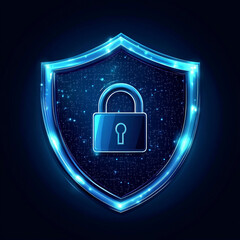 Glowing blue shield with padlock icon on dark background, digital cybersecurity and data protection concept illustration
