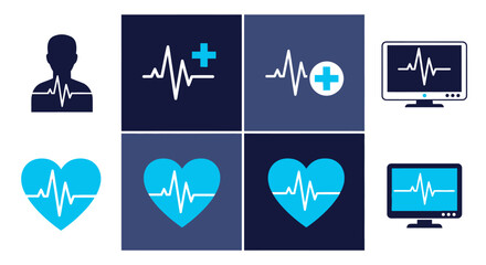 A collection of medical cardiology icons and illustrations representing heart health and vital signs monitoring with electrocardiograms and monitors