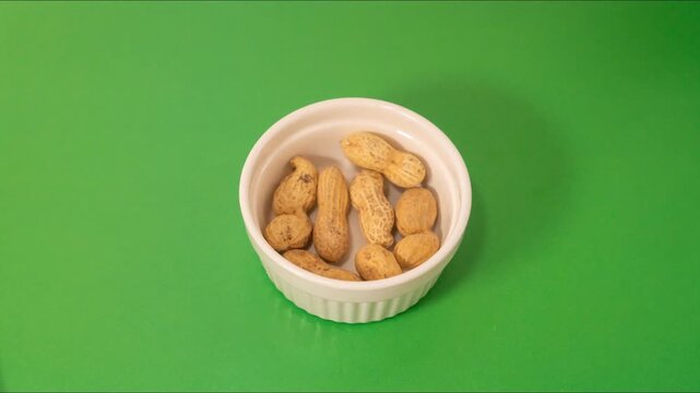 Timelapse of eating peanuts from a white plate on a green background, top-side view, copy space