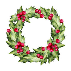 watercolor wreath from realistic holly branches, red berries, green leaves, Christmas symbol, hand drawn sketch, round border, template, winter illustration for Christmas decoration