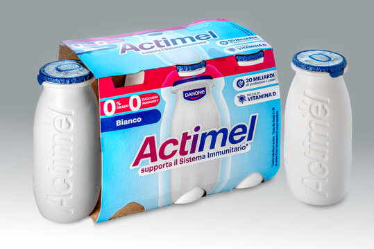 Italy - September 13, 2025. Package of Actimel probiotic yogurt produced by the French company Danone.Fermented milk containing Lactobacillus casei and vitamin D.