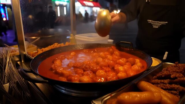 Street food vendor preparing tteokbokki in spicy sauce