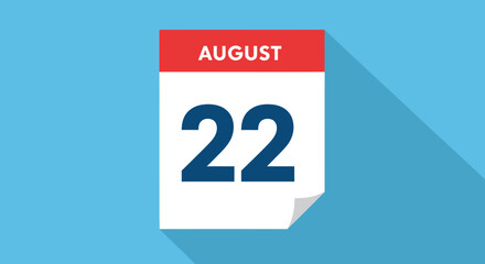 August twenty second calendar page with shadow and blue background illustration
