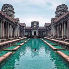A woman relaxing in the serene, ancient pool of a temple ruin in Cambodia