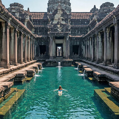 Woman Swimming in a Luxurious Ancient Temple Pool in Angkor