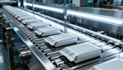 Automated Packaging Line: Streamlined Conveyor System Transporting Product Packages in a Modern Manufacturing Facility