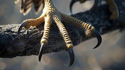 Fototapeta premium Detailed view of an eagles foot gripping a branch, highlighting its sharp claws and textured scales in natural light
