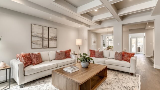 Elegant Living Room with Coffered Ceiling, Neutral Colors, and Modern Interior Design Elements for Upscale Home Decor