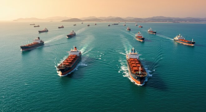 Aerial View of Multiple Cargo Ships Navigating Through Calm Waters at Sunset