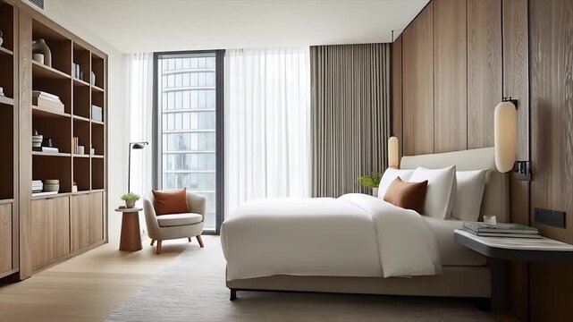 A modern bedroom suite with expansive city views, showcasing minimalist design and warm wooden accents.