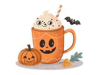 Seasonal autumn celebration featuring a cute pumpkin drink with a smiling face and spooky elements showcasing Halloween spirit  mug, whipped, cream, bat, leaves, orange, elements, cute, seasonal, carv